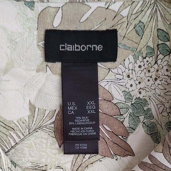 Claiborne Short Sleeve Shirt Beige Floral Silk Linen Button Up Camp Mens… - Picture 2 of 5
